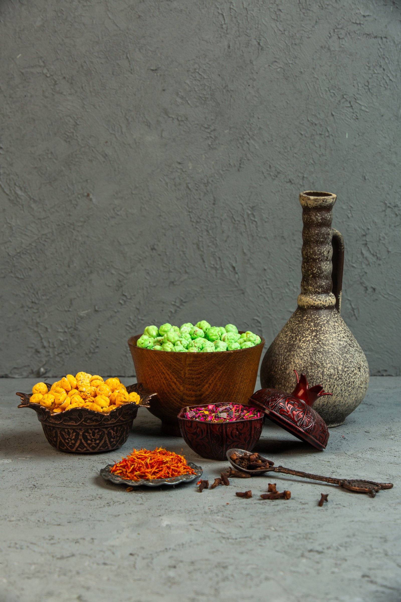 Hand-ground Ayurvedic herbs and spices in a stone bowl